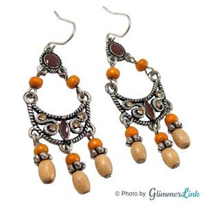 Boho Chandelier Earth Tones Wooden Bead Rhinestone Silver Tone Dangle Earrings